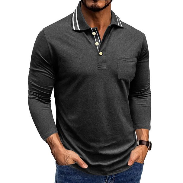 Men's Lapel Button T Shirt Long Sleeve Polo Shirt_viptrois.com