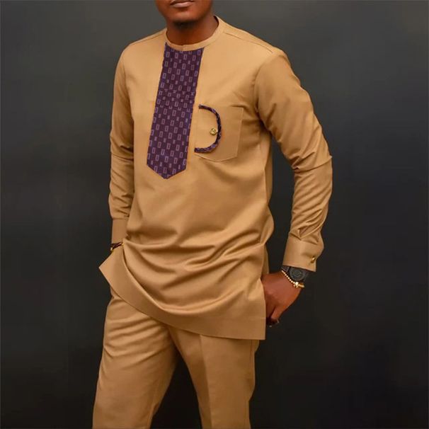 Men's Clothing Ethnic Style Patchwork Men's Casual Pocket Suit Traditional Dashiki_viptrois.com