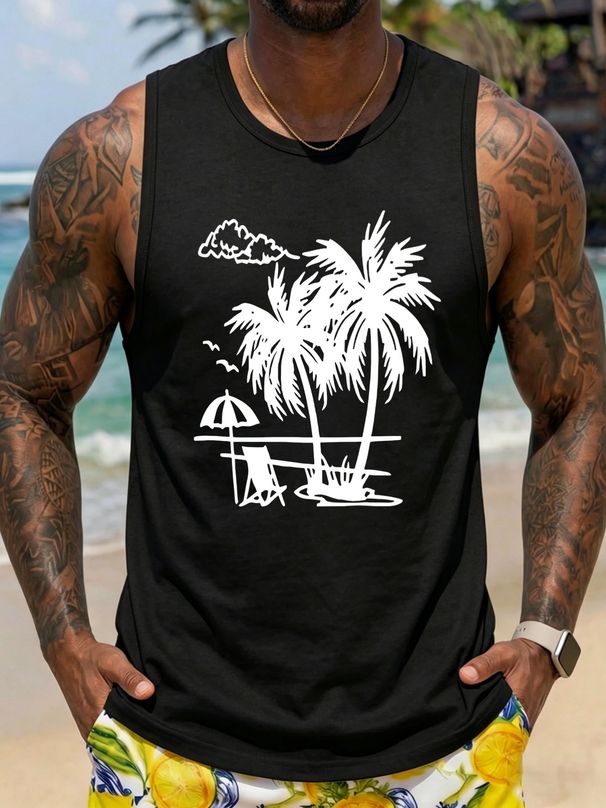 Canotta Uomo Girocollo 100% Cotone Stampa Palme Spiaggia Traspirante Senza Maniche Vacanze Uso Quotidiano Estivo Multicolore_viptrois.com