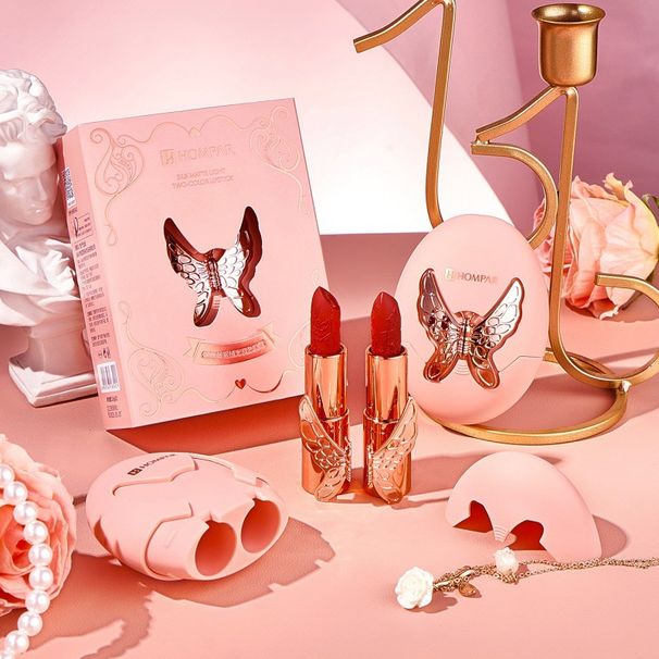 Han Beier High Beauty Butterfly Dance Silk Soft Light Two tone Lipstick Set Matte Mist Waterproof Easy to Apply_viptrois.com