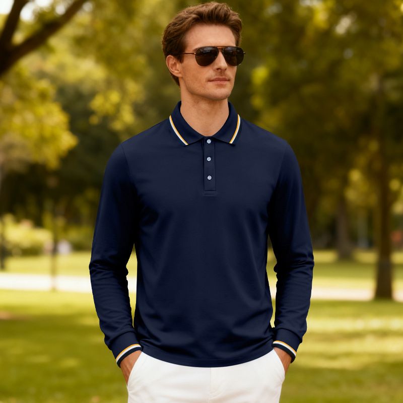 Men's Breathable Jacquard Polo Shirt - Loose Fit Long Sleeve Casual Top For Golf & Everyday Wear_viptrois.com