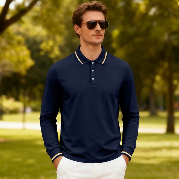Men's Breathable Jacquard Polo Shirt - Loose Fit Long Sleeve Casual Top For Golf & Everyday Wear_viptrois.com