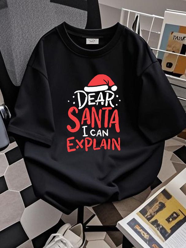 Dear Santa I Can Explain Hat Christmas Bad Behavior Ladies' Crewneck T-Shirt Streetwear Soft Homme Summer Comfortable Stylish Stretched Slightly_viptrois.com