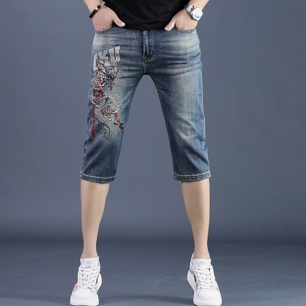Summer Thin Style Personality Distressed Embroidered Denim Men's Brand Mid-Length 7/8 Length Slim Fit Five-Point Shorts_viptrois.com