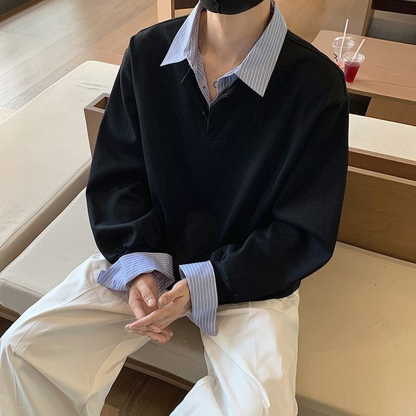 New Loose Long Sleeved Lapel Top Men's Contrasting Color Patchwork Shirt Collar Sweatshirt_viptrois.com