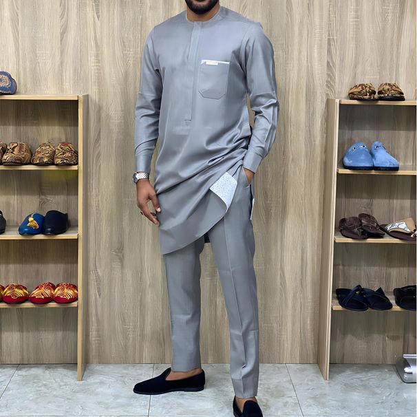 Men's Clothing New style affordable men's suit men's two piece suit solid color round neck ethnic style_viptrois.com