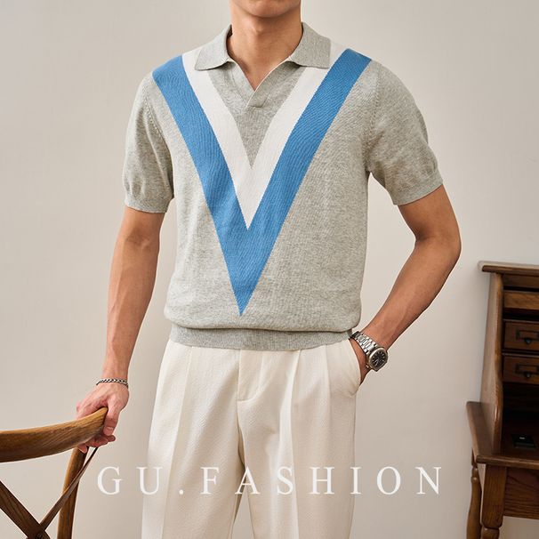 Men's Clothing Summer Niche Lapel Contrast Color Short Sleeved Knitted Polo Shirt Thin Jacquard Casual T Shirt Pullover Bottoming Shirt_viptrois.com