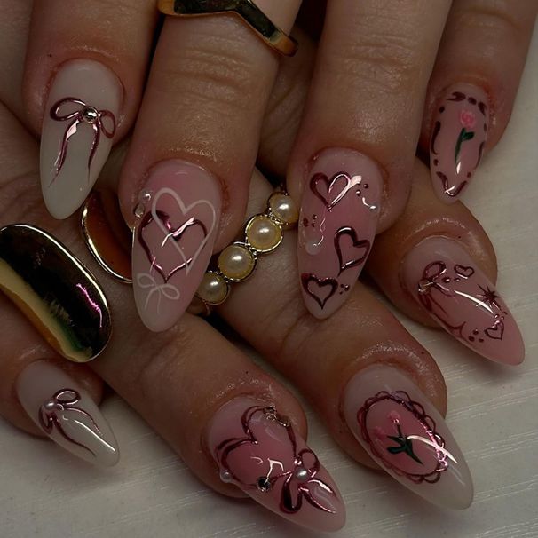 European And American Hot Selling Love Flash Diamond Flower Nail Art Pure Handmade Almond Shaped Short False Nails_viptrois.com