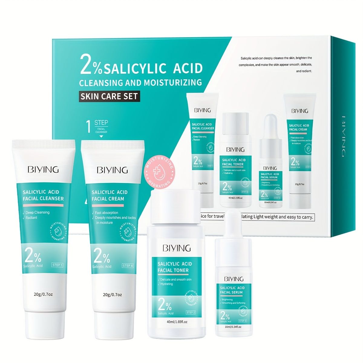 4pcs 2% Salicylic Acid Care Set For Women Men Korean Formula Cleansing Moisturizing Kit With Facial Cleanser, Toner,_viptrois.com