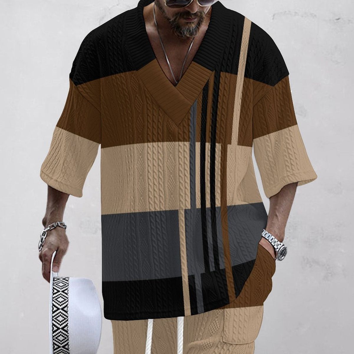 Men's Clothing New Sports European And American Men's Large V Neck Jacquard Short Sleeved Suit_viptrois.com