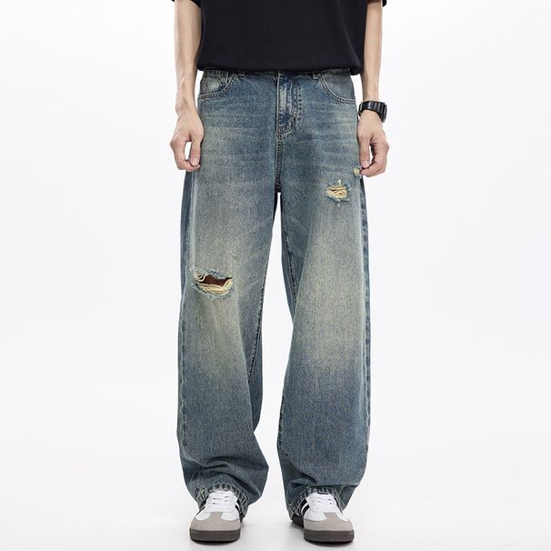 Men's Clothing Fashion Retro Washed Ripped Jeans Wide Leg Loose Casual Floor Mopping Trousers_viptrois.com