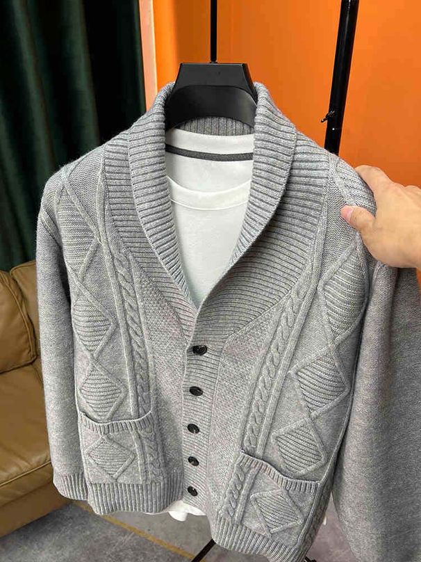 Men’s Shawl Collar Knit Cardigan – Oversized Casual Sweater (M-4XL, Black/Khaki/Grey)_viptrois.com