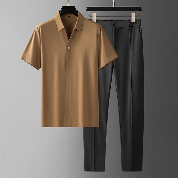 Men's Clothing Summer Ultra Thin Silky Ice Silk Light Luxury Seamless Glued Short Sleeved Shirt Suit Business Casual Sports Two Piece Suit For Men_viptrois.com