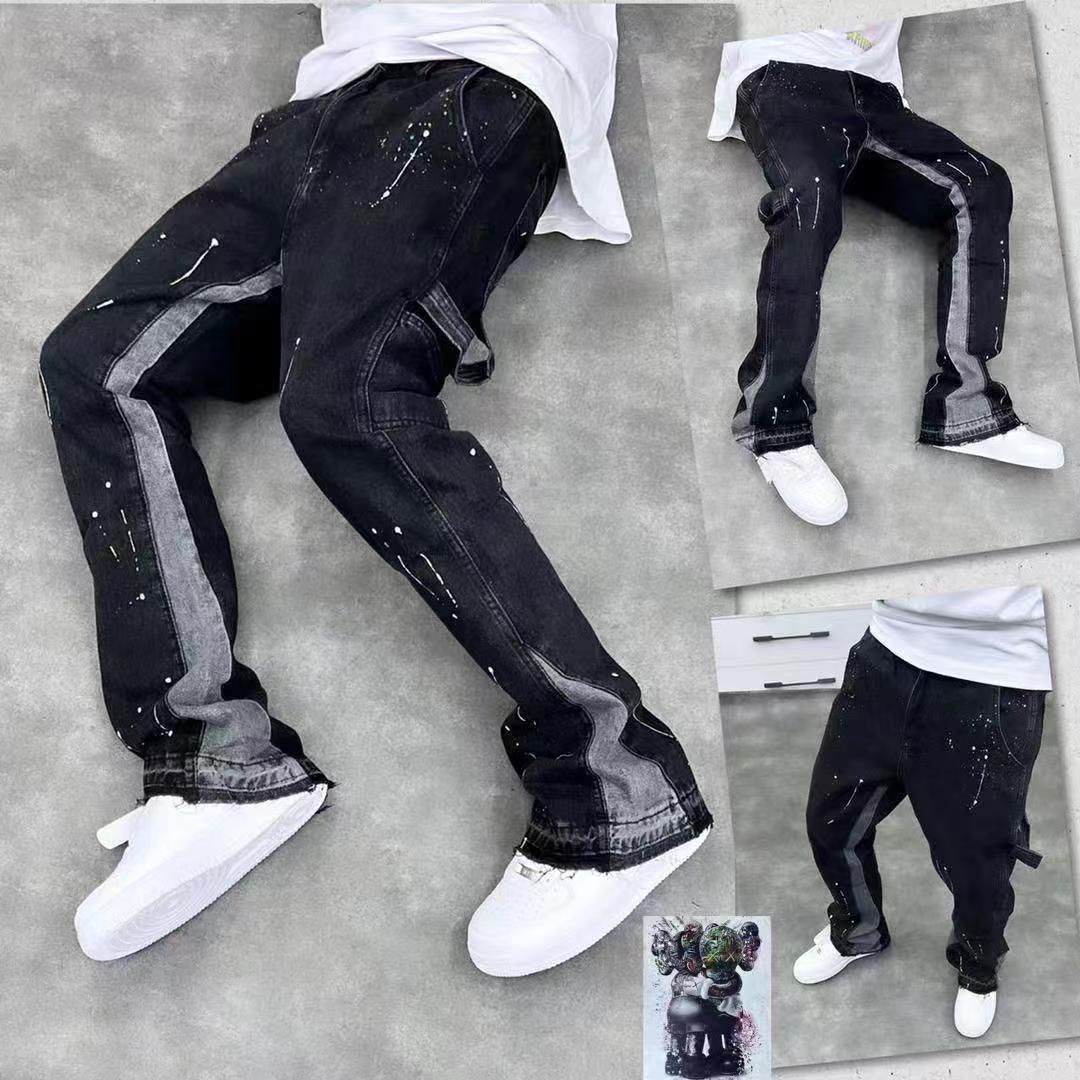 High Street Trendy Brand Ink-Splattered Flared Jean For Men American Vibe Style Looe Straight Caual Floor-Length_viptrois.com