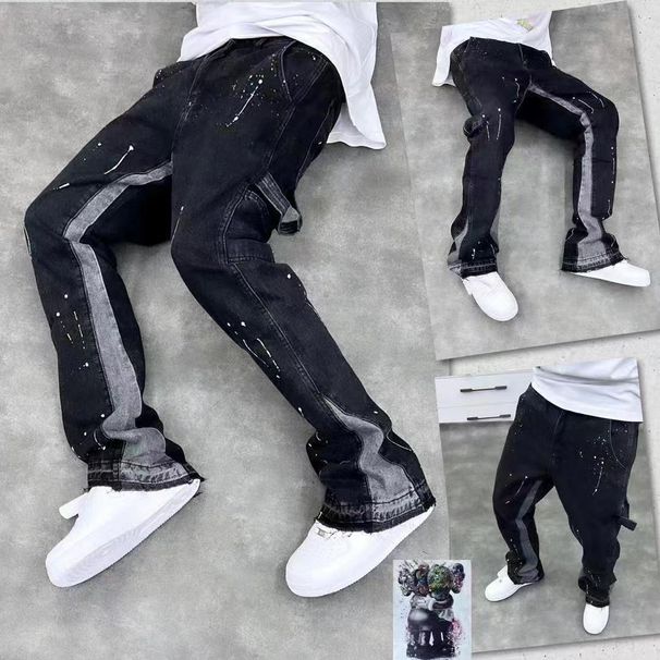 High Street Trendy Brand Ink-Splattered Flared Jean For Men American Vibe Style Looe Straight Caual Floor-Length_viptrois.com