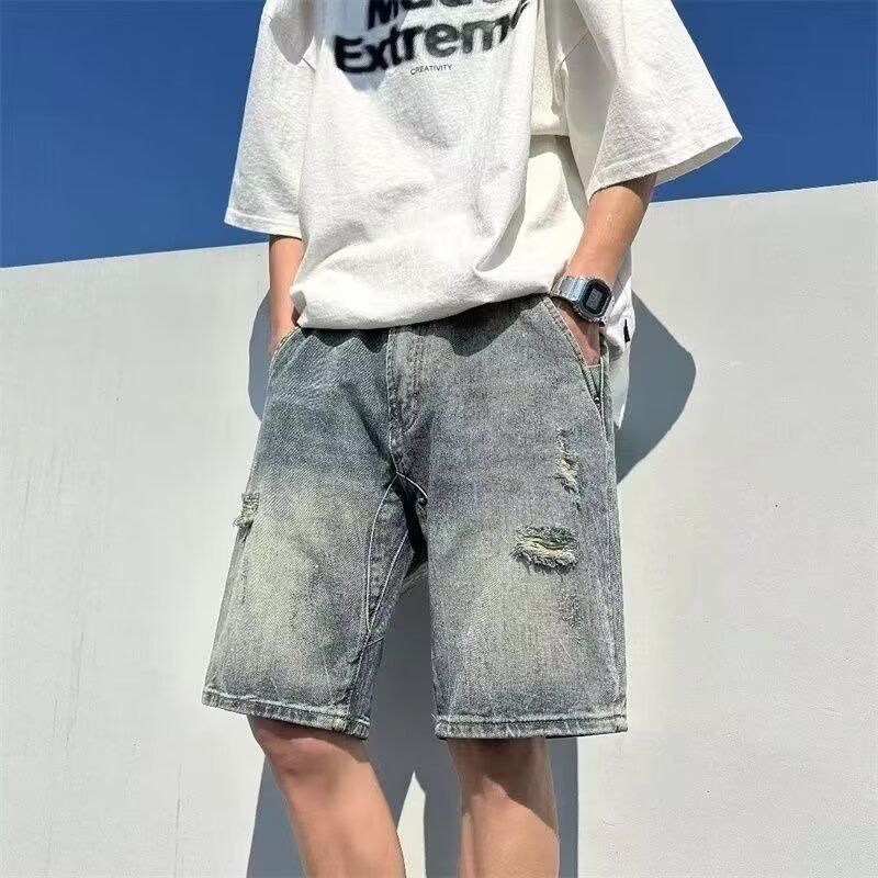 Men's Clothing Ripped Denim Shorts Men's Summer Thin 2024 New American Retro Pants Loose Trendy Large Size Shorts_viptrois.com