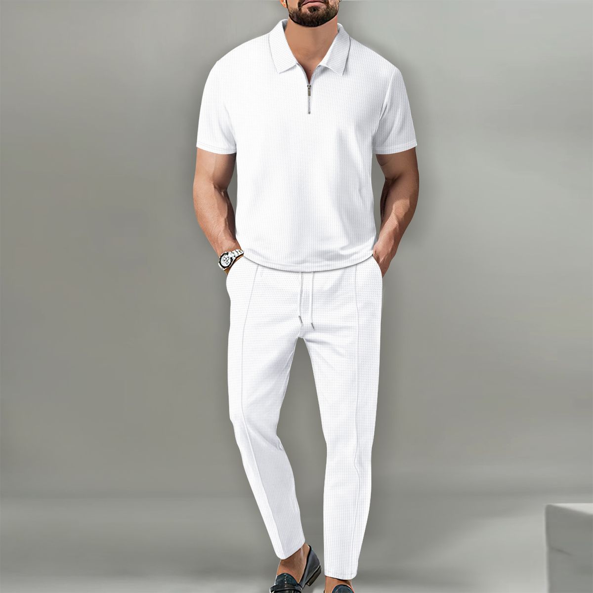 Men's Sets 2024 Autumn New Men's Solid Color Waffle Polo Neck Short Sleeve Zipper Pants Set_viptrois.com