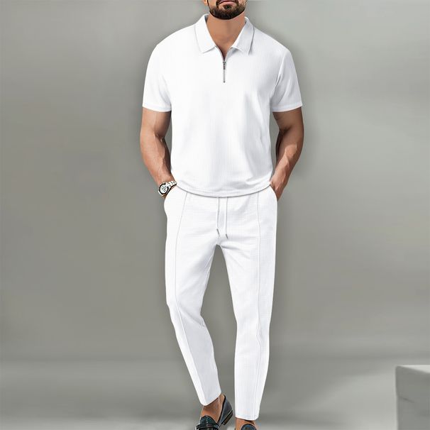 Men's Sets 2024 Autumn New Men's Solid Color Waffle Polo Neck Short Sleeve Zipper Pants Set_viptrois.com