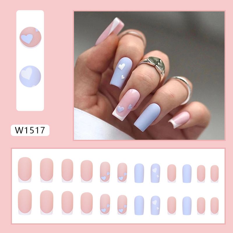 False Nails Simple Elegant Blue And White Love Nail Scrub Texture Nail Square Wear Nail_viptrois.com