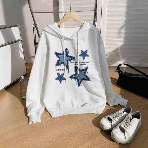 Vintage Hooded Sweatshirt For Women – Retro 5-Star Print, Oversized Streetwear, Fashionable Pullover For Autumn & Winter_viptrois.com