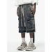 Men's Clothing High Street Zipper Raw Edge Side Pocket Work Shorts Washed Distressed Ribbon Loose Denim Shorts Men_viptrois.com
