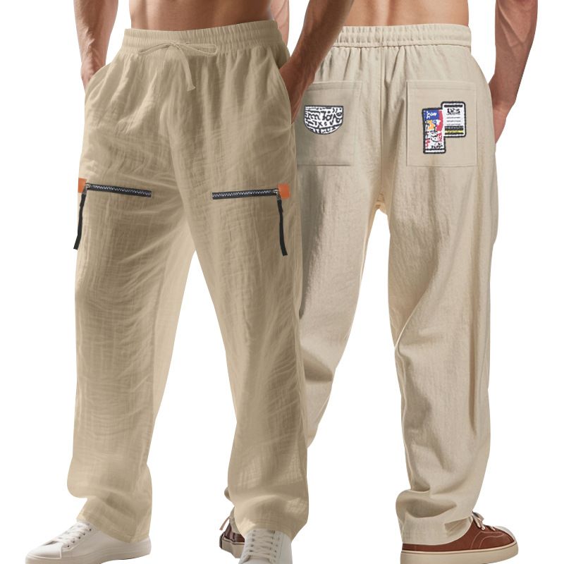 "Men's Linen-Blend Wide Leg Pants – Relaxed Fit, Hip-Hop Style, Zipper Detail (Black/Grey/Army Green, S-XXXL)"_viptrois.com