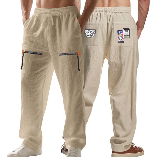 "Men's Linen-Blend Wide Leg Pants – Relaxed Fit, Hip-Hop Style, Zipper Detail (Black/Grey/Army Green, S-XXXL)"_viptrois.com