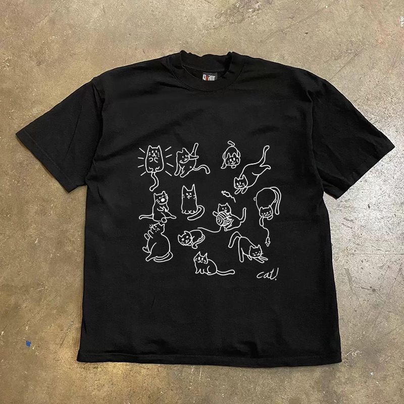 Happy Cat Print T-Shirt Couple Style Loose Fit Short Sleeve Women's Top Men's Tee 250g Heavyweight Pure Cotton_viptrois.com