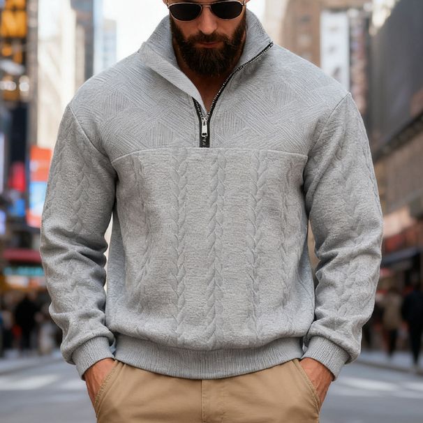 Men's Textured Cable Knit Heavyweight Zip-Up Stand Collar Sweatshirt – Relaxed Fit Long Sleeve Pullover (S-XXXL, Multiple Colors)_viptrois.com