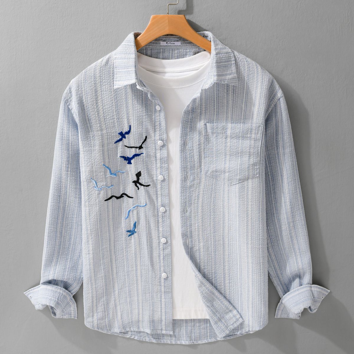 Men's Trendy Embroidered Long Sleeved Shirt, New Casual And Versatile Artistic Loose Top_viptrois.com
