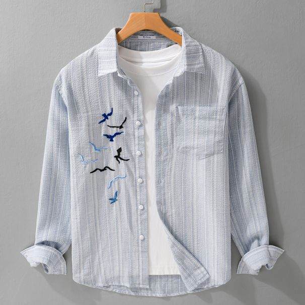 Men's Trendy Embroidered Long Sleeved Shirt, New Casual And Versatile Artistic Loose Top_viptrois.com