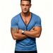 Men's V-Neck Short Sleeve Workout T-Shirt, Slim Fit Muscle Tee With Button Placket, Moisture Wicking Quick Dry Sport Top For Gym & Casual_viptrois.com