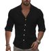 Men's Casual Long Sleeved Shirt Solid Color Lapel Button Down Cotton Beach Top Style New_viptrois.com
