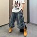 Men's Clothing Large Size Washed Ink Splash Multi Pocket Workwear Jeans For Men And Women Straight Loose Wide Leg Cropped Trousers_viptrois.com