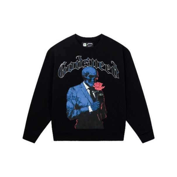 Godspeed Skull Rose Cotton Unisex High Street Hip Hop Crew Neck Sweatshirt Long Sleeve Trendy_viptrois.com