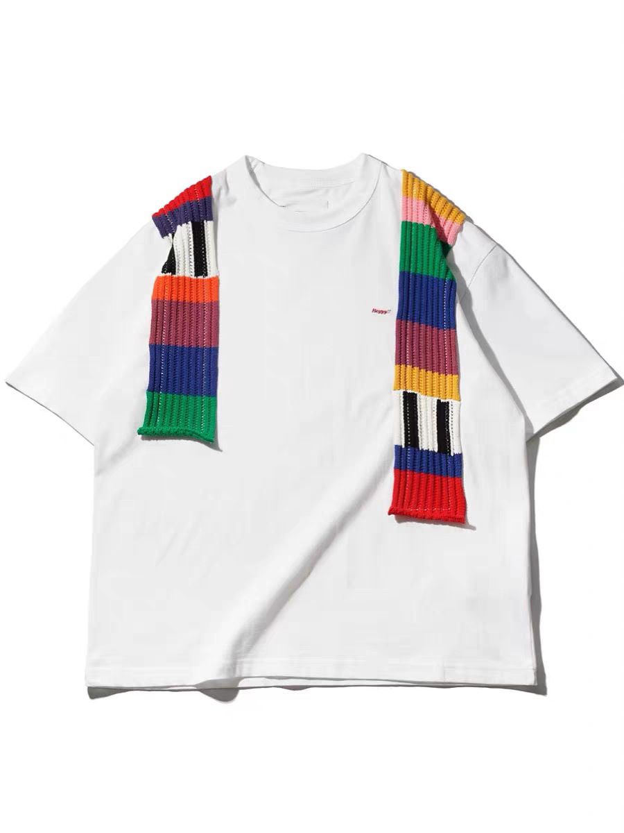 Men's Clothing Rainbow Woolen Stitching Short Sleeved T Shirt Personality Loose Casual Versatile Short Sleeved Top_viptrois.com
