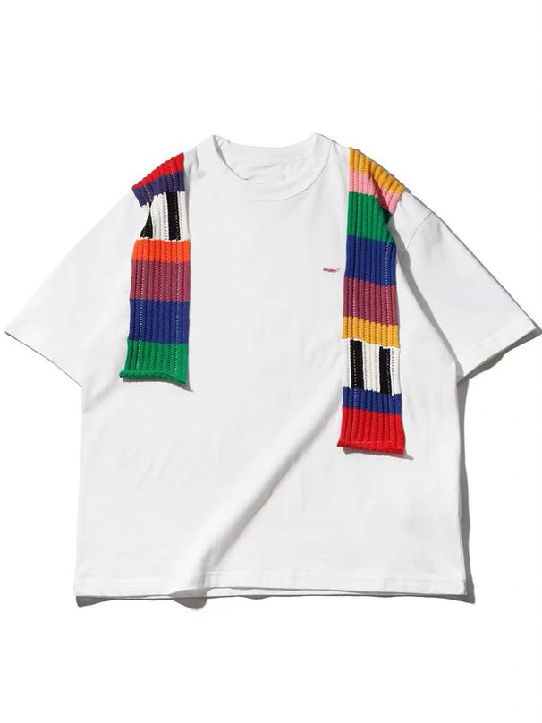 Men's Clothing Rainbow Woolen Stitching Short Sleeved T Shirt Personality Loose Casual Versatile Short Sleeved Top_viptrois.com