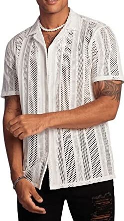 Men's Clothing Street Casual Button Knitted Short Sleeved Shirt Tops Hollow Shirts_viptrois.com