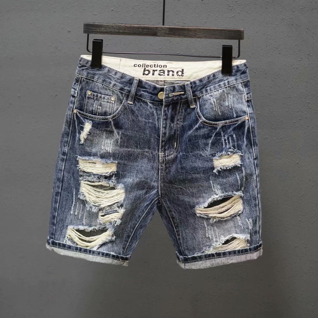 Men's Clothing Korean Style Trendy Men's Summer Trendy Ripped Denim Shorts For Boys Internet Celebrities The Same Style Cool Retro Casual Shorts Trend_viptrois.com