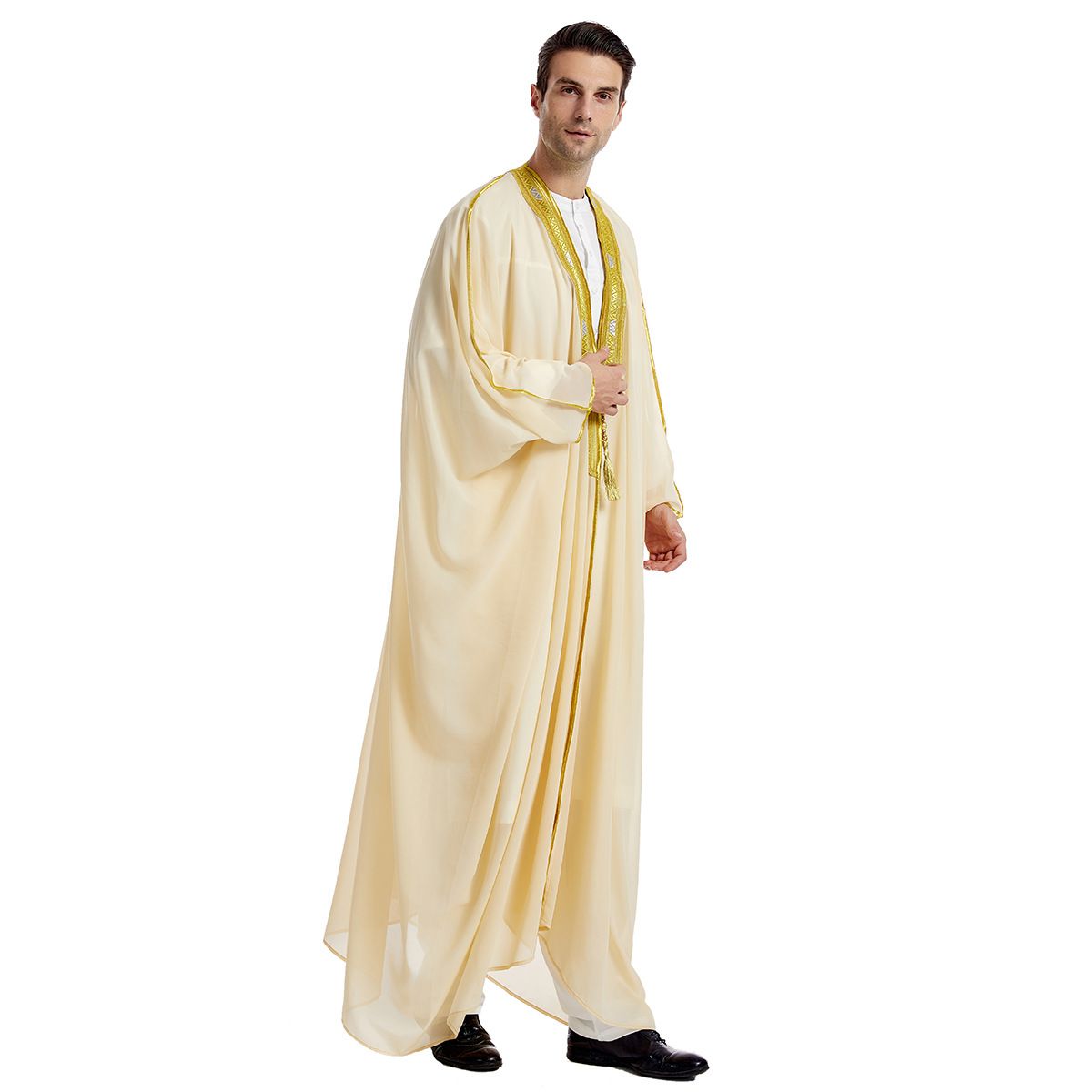 Men's Clothing Factory stock men's robe, TH834, Arabic men's embroidered long sleeved beard, gold beaded chiffon outer shawl_viptrois.com