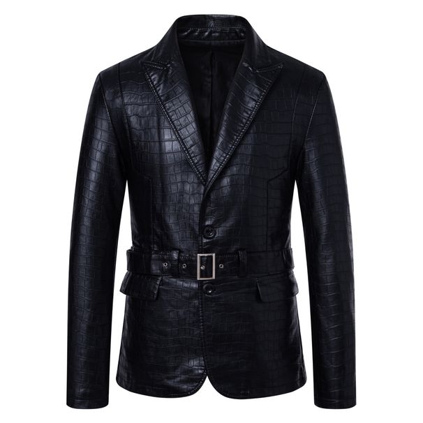 Men's Clothing Foreign Trade PU Leather Men's Leather Jacket Retro Suit Leather Jacket Motorcycle Imitation Crocodile Leather Suit Jacket_viptrois.com