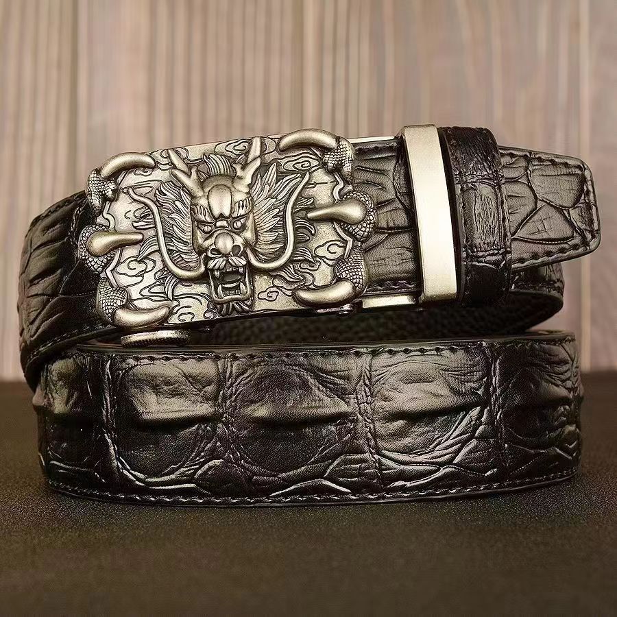 Crocodile pattern men's leather belt personality dragon head retro dragon claw automatic buckle leather belt trouser belt_viptrois.com