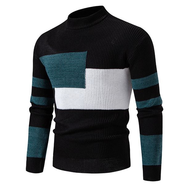 Men's Color-Block Semi-Turtleneck Sweater – Oversized Pullover Knit With Contrast Panels (Black/White/Khaki+Green)_viptrois.com