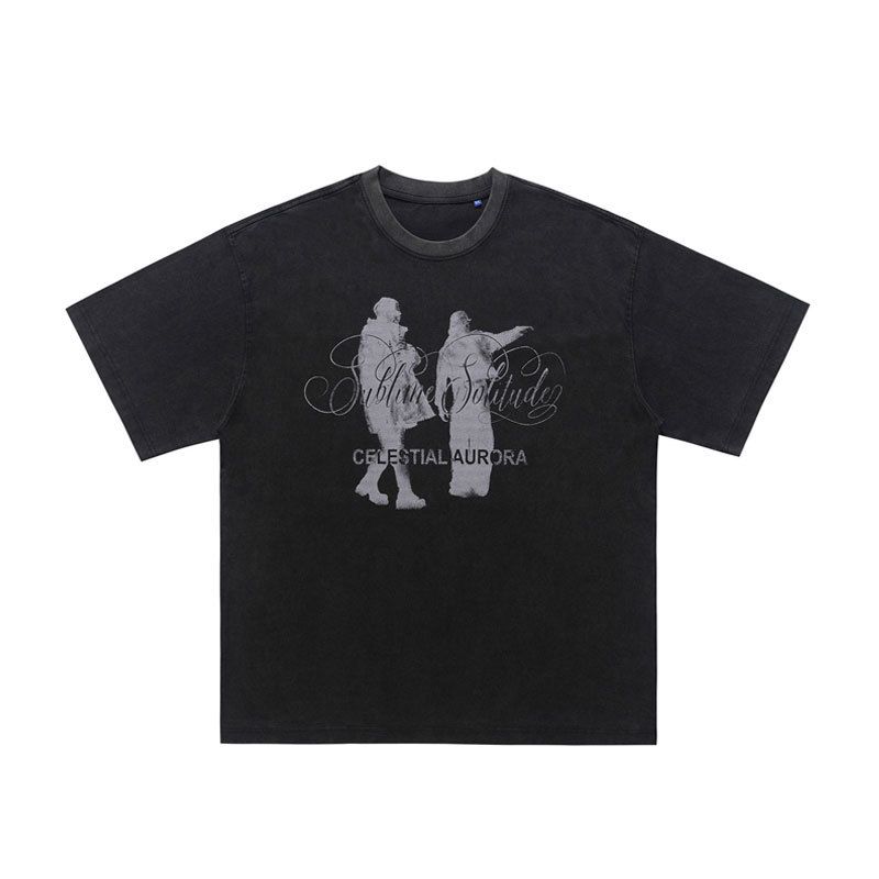 Hip-hop Street Character Print Design Short-sleeve Unisex Vibe Washed Pure Cotton T-shirt_viptrois.com