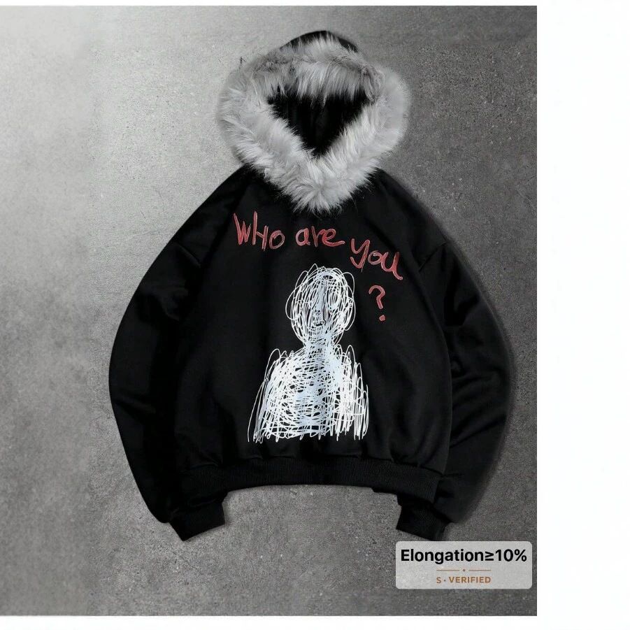 Men's Gothic Skull Print Hoodie With Detachable Faux Fur Hood Lining, Streetwear Pullover For Cold Weather_viptrois.com