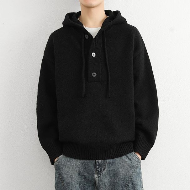 Hooded Sweater Men's Autumn And Winter Loose Lazy Trend Versatile Casual Half Open Neck Button Knitted Sweater_viptrois.com