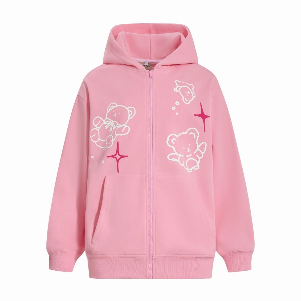 Fun Cartoon Bear Foam Print Hooded Sweatshirt Zipper Cardigan Vibe Trendy American Style Autumn Winter Men's Jacket_viptrois.com
