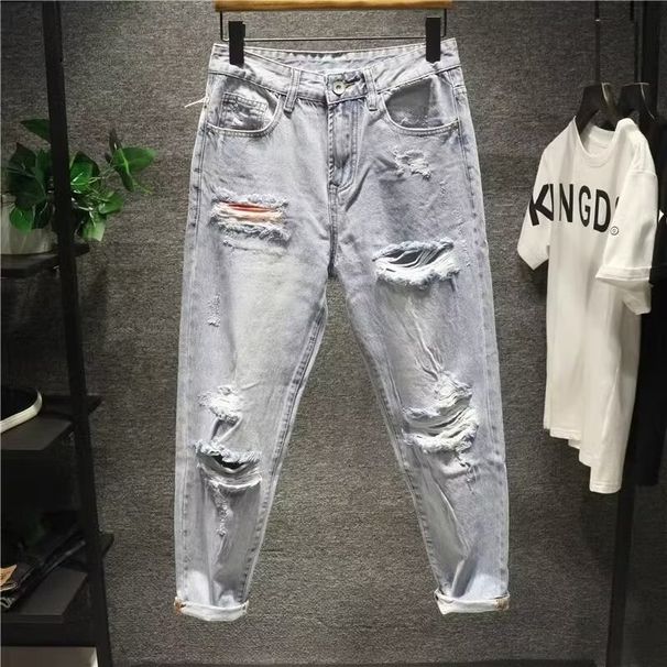 Men's Clothing Street Washed Distressed Ripped Jeans For Men Spring And Autumn Straight High Street Vibe Style Handsome Long Pants_viptrois.com
