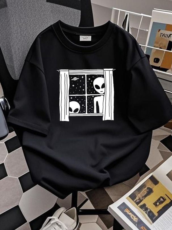Alien In Window T Shirt Weird Ufo Area 51 Roswell UAPs Tee Cryptid Cryptozoology Streetwear Comfortable Homme Breathable Graphic Soft Casual_viptrois.com