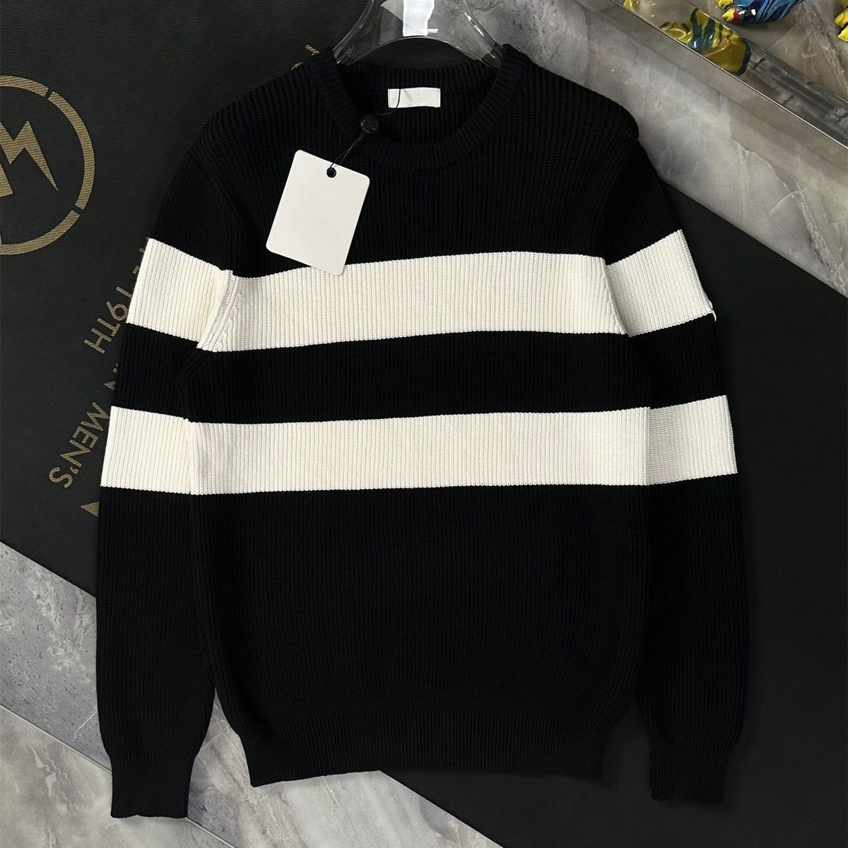 Loom Loom Dark White Autumn Winter European Station Trendy Brand Men's Long Sleeve Round Neck Color Block Large Stripes Warm_viptrois.com